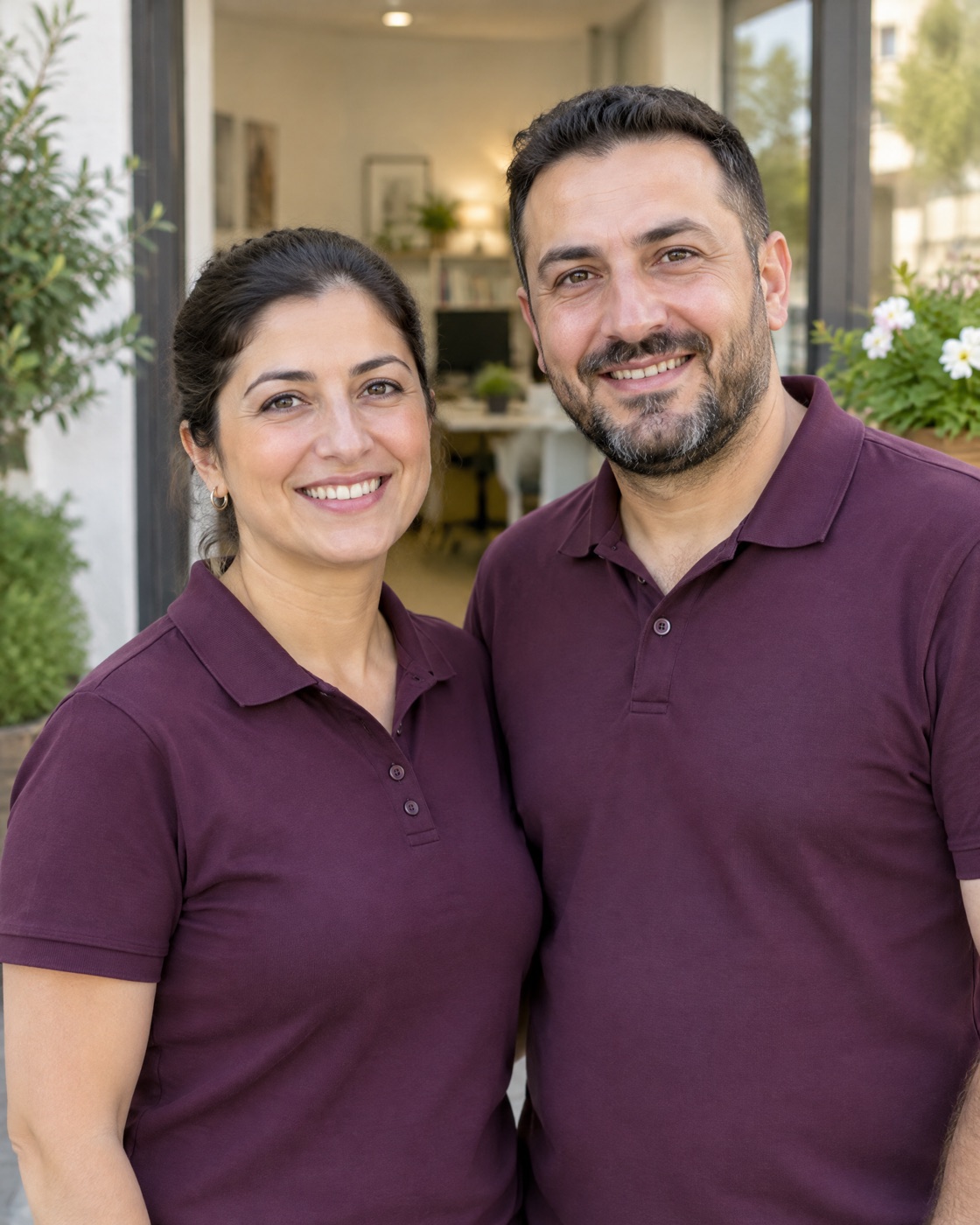 Frau und Mann in weinroten Poloshirts lächeln vor einem hellen Büro