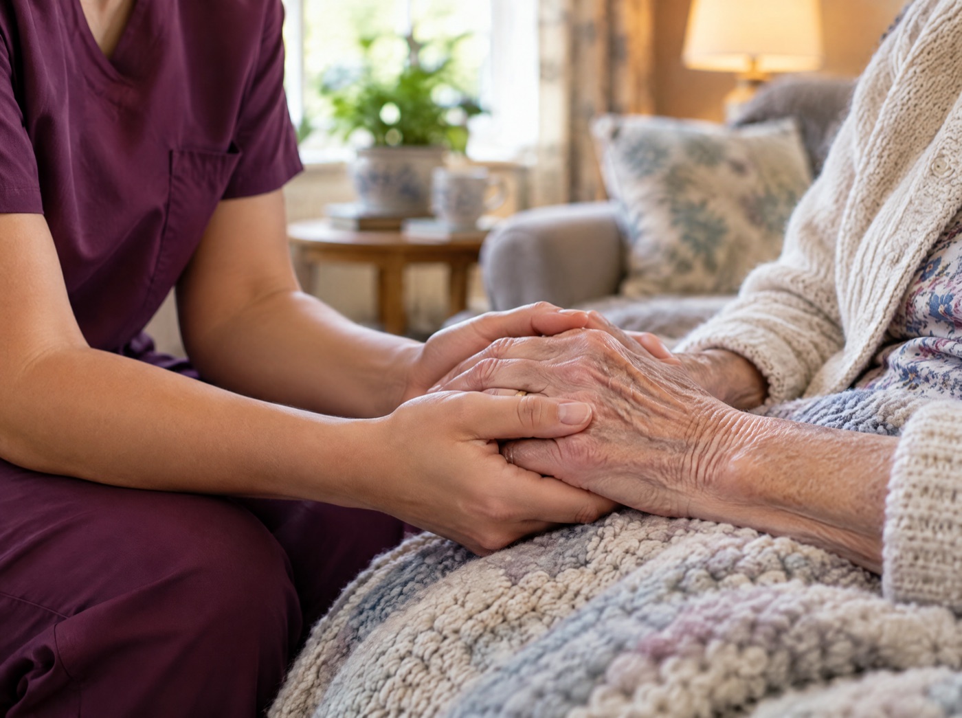 Pflegekraft hält behutsam die Hände einer älteren Dame